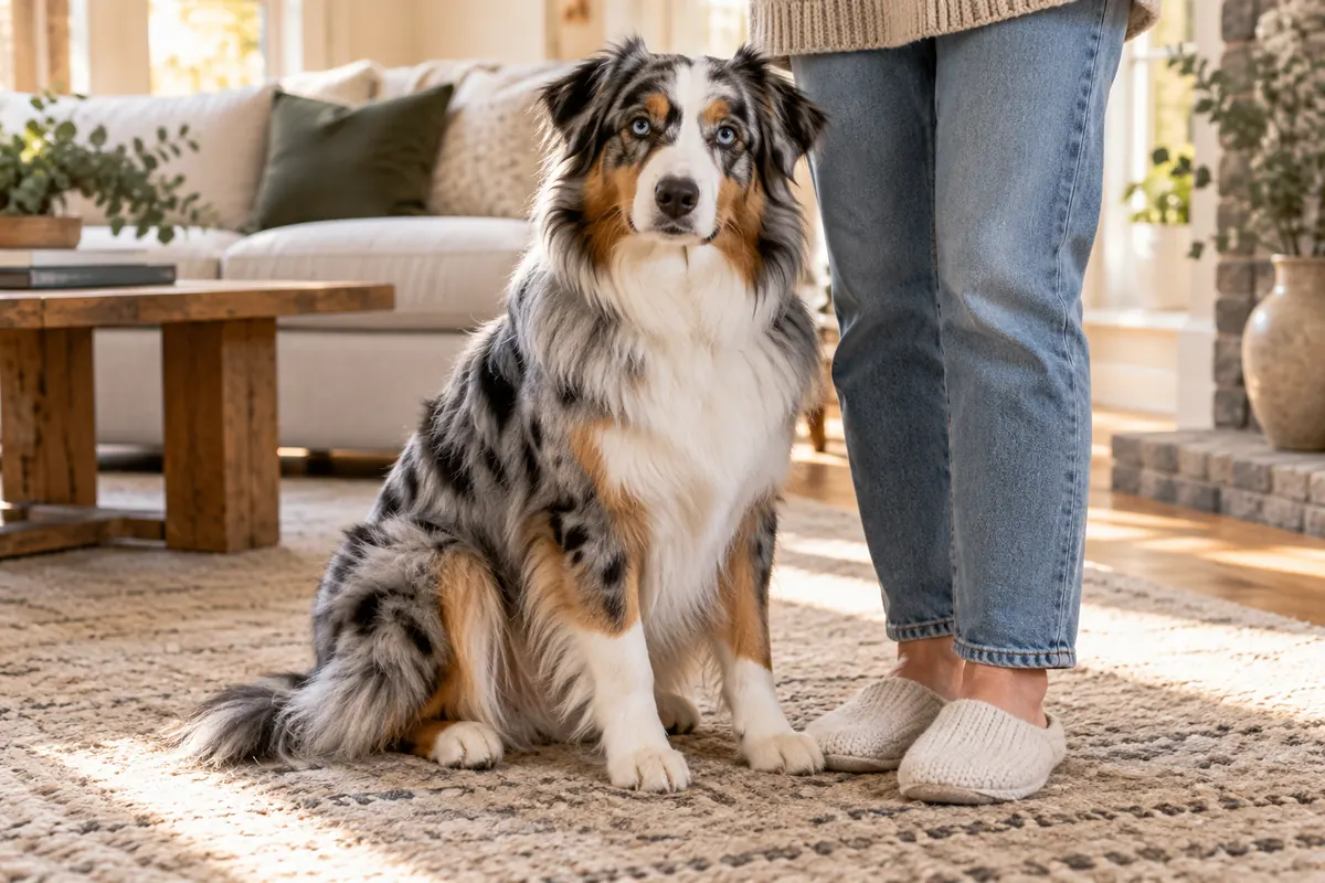 Australian Shepherd showing common signs of dog anxiety