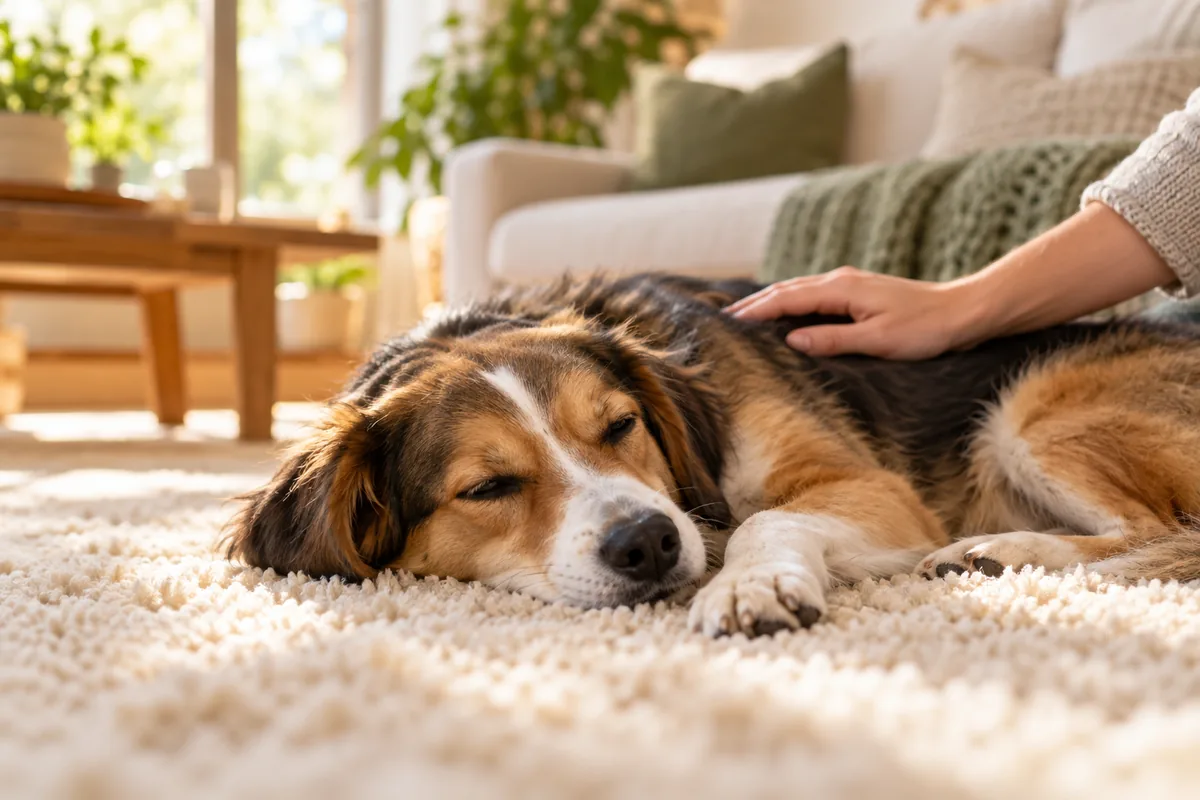 Calm dog resting on a living room rug while its owner strokes its back