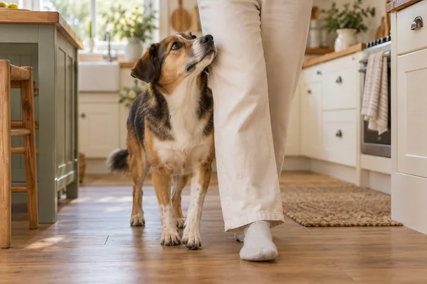 Clingy dog leaning against its owner's legs in the kitchen