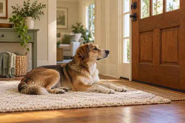 Dog lying calmly by the front door while home alone