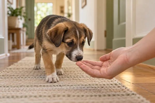 Shy rescue puppy sniffing a person's hand