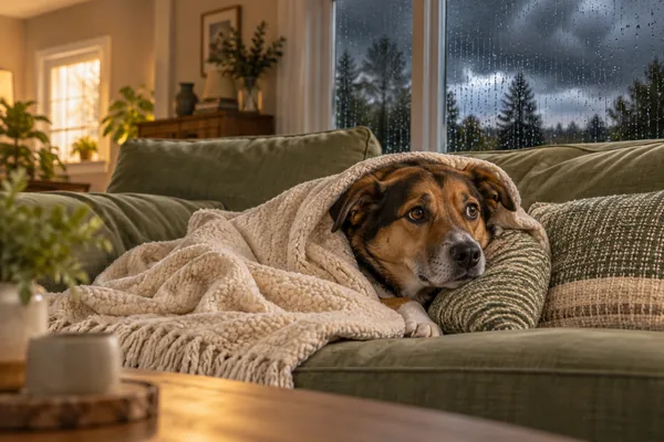 Worried dog snuggled under a blanket on the sofa during a storm
