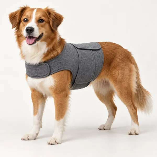 Gray anxiety pressure vest on a calm dog